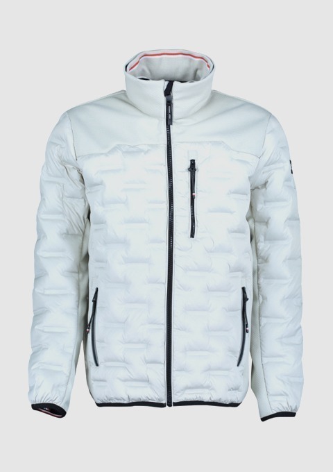 Eine weiße, gepolsterte Jacke mit Stehkragen und Reißverschluss. Eine weiße, gepolsterte Jacke mit Stehkragen und Reißverschluss.