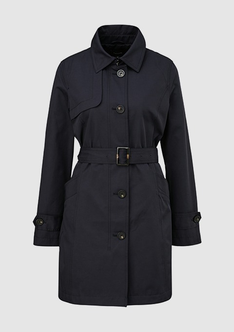 Ein schwarzer Trenchcoat mit Gürtel und Knöpfen. Ein schwarzer Trenchcoat mit Gürtel und Knöpfen.