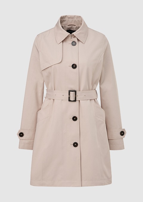 Beige Trenchcoat mit Gürtel und Knöpfen. Beige Trenchcoat mit Gürtel und Knöpfen.