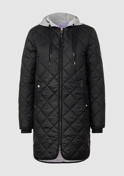 Eine schwarze, gesteppten Jacke mit Kapuze und grauem Innenfutter. Eine schwarze, gesteppten Jacke mit Kapuze und grauem Innenfutter.