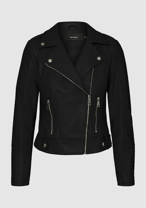 Schwarze Lederjacke mit asymmetrischem Reißverschluss und Taschen. Schwarze Lederjacke mit asymmetrischem Reißverschluss und Taschen.