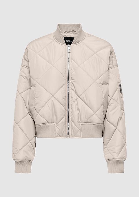 Beige gesteppte Bomberjacke mit Reißverschluss und Rundkragen. Beige gesteppte Bomberjacke mit Reißverschluss und Rundkragen.