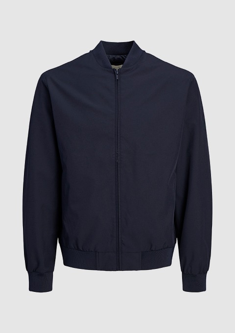 Eine dunkelblaue Bomberjacke mit Reißverschluss. Eine dunkelblaue Bomberjacke mit Reißverschluss.