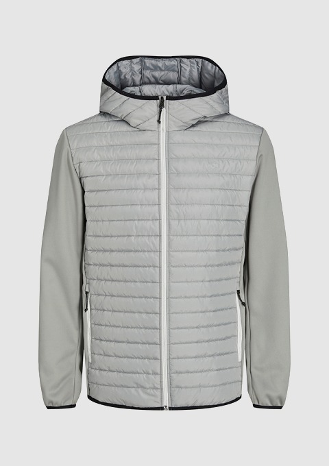 Eine graue Jacke mit Kapuze und Reißverschluss, mit gestepptem Obermaterial. Eine graue Jacke mit Kapuze und Reißverschluss, mit gestepptem Obermaterial.