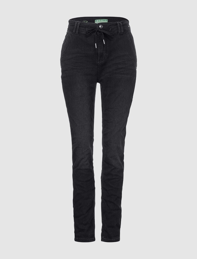 Schwarze Jeanshose mit hohem Bund und Kordelzug. Schwarze Jeanshose mit hohem Bund und Kordelzug.