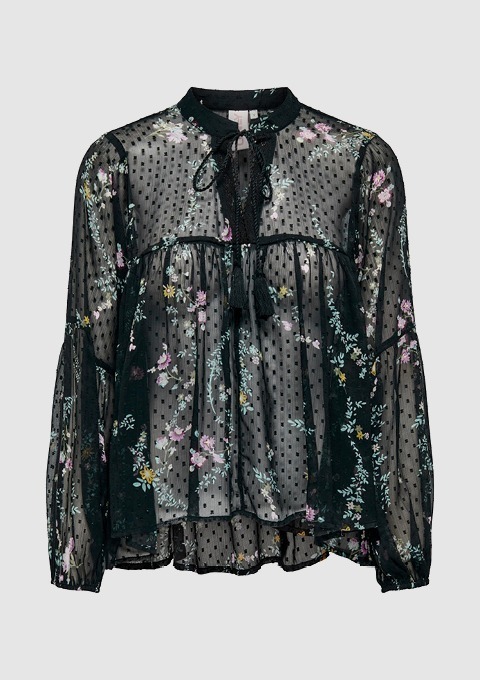 Schwarze, transparente Bluse mit Blumenmuster und Punkten. Schwarze, transparente Bluse mit Blumenmuster und Punkten.