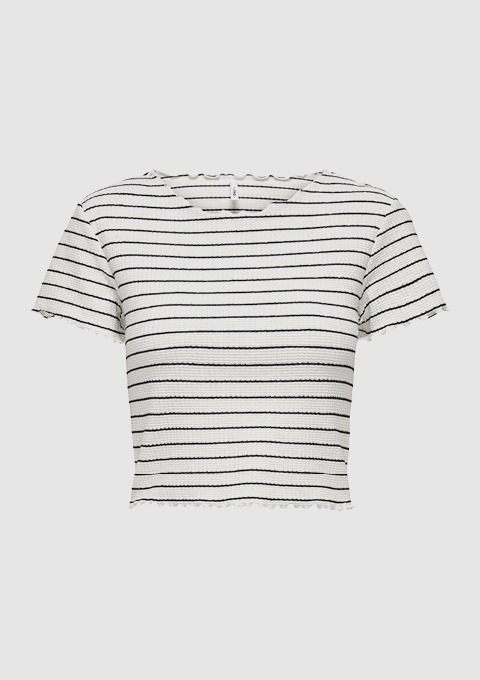 Ein kurzes, gestreiftes T-Shirt in Weiß und Schwarz. Ein kurzes, gestreiftes T-Shirt in Weiß und Schwarz.