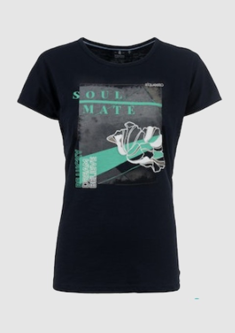 Ein blaues T-Shirt mit dem Aufdruck „SOUL MATE“ und einer Grafikanzeige einer Rose. Ein blaues T-Shirt mit dem Aufdruck "SOUL MATE" und einer Grafikanzeige einer Rose.