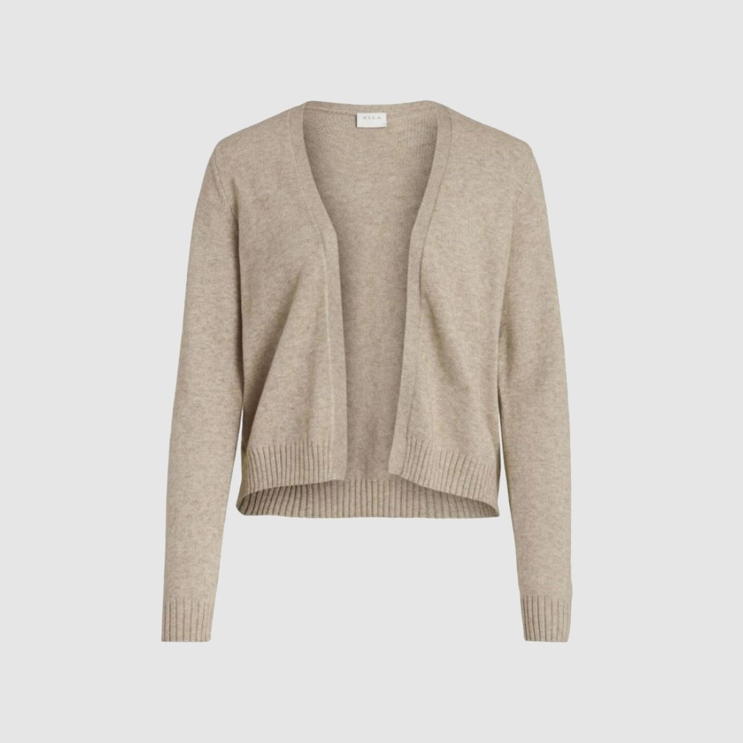 Ein beiger Cardigan mit offenen Front und langen Ärmeln. Ein beiger Cardigan mit offenen Front und langen Ärmeln.