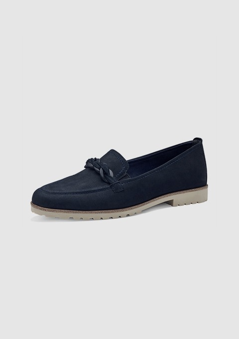Dunkelblaue Slipper mit einer Schleife und einer rutschfesten Sohle.