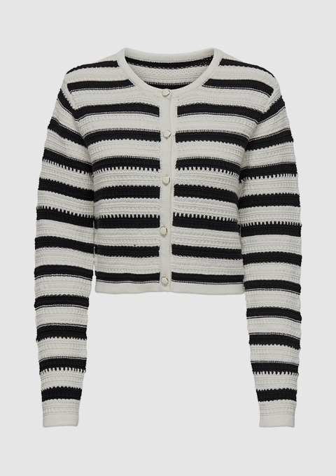 Ein kurzärmeliger, gestreifter Cardigan in Schwarz und Weiß mit Knöpfen.