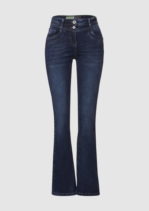 Dunkelblaue Bootcut-Jeans.
