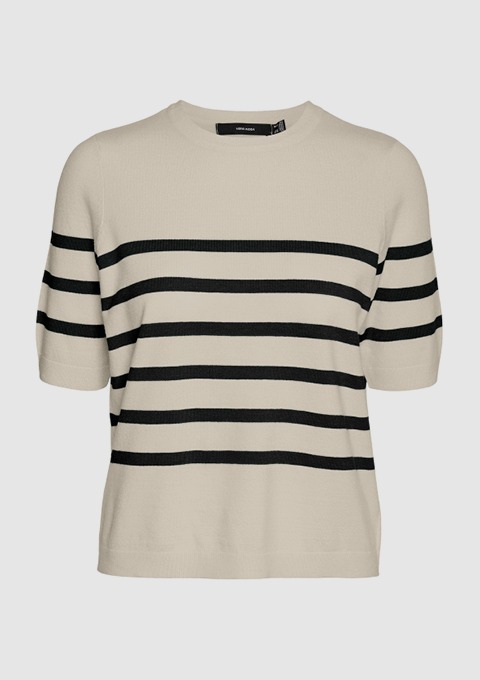 Beige gestreiftes T-Shirt mit schwarzen Streifen.