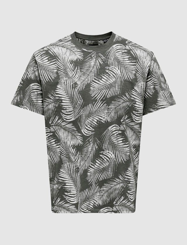 Ein graues T-Shirt mit weißen Blattmustern.