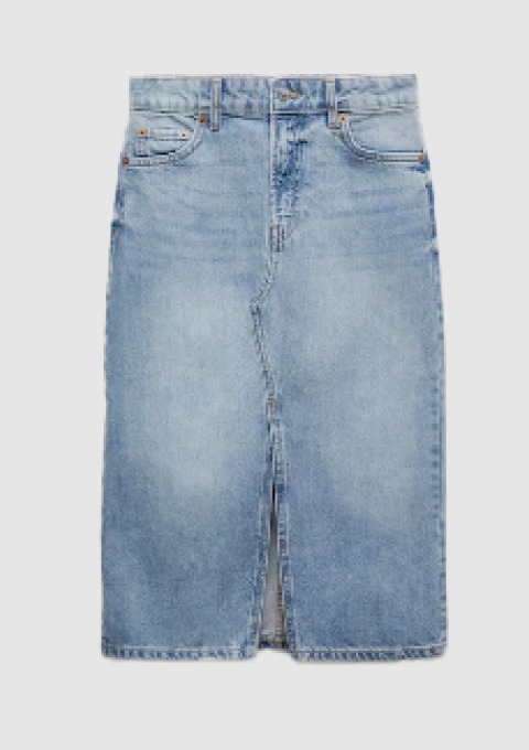 Jeansrock in hellblau mit Reißverschluss und Schlitz.