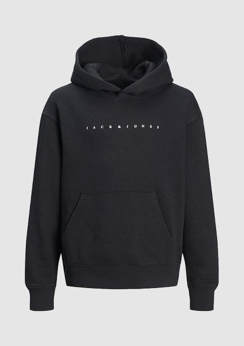 Schwarzer Kapuzenpullover von Jack & Jones mit Kängurutasche. Schwarzer Kapuzenpullover von Jack & Jones mit Kängurutasche.