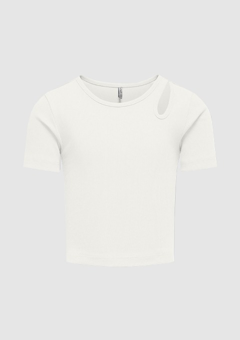 Ein weißes, kurzärmliges T-Shirt mit rundem Halsausschnitt und einem kleinen Ausschnitt auf der Schulter. Ein weißes, kurzärmliges T-Shirt mit rundem Halsausschnitt und einem kleinen Ausschnitt auf der Schulter.