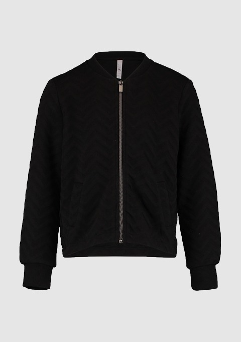 Schwarze Jacke mit Zipper und strukturiertem Chevron-Muster. Schwarze Jacke mit Zipper und strukturiertem Chevron-Muster.