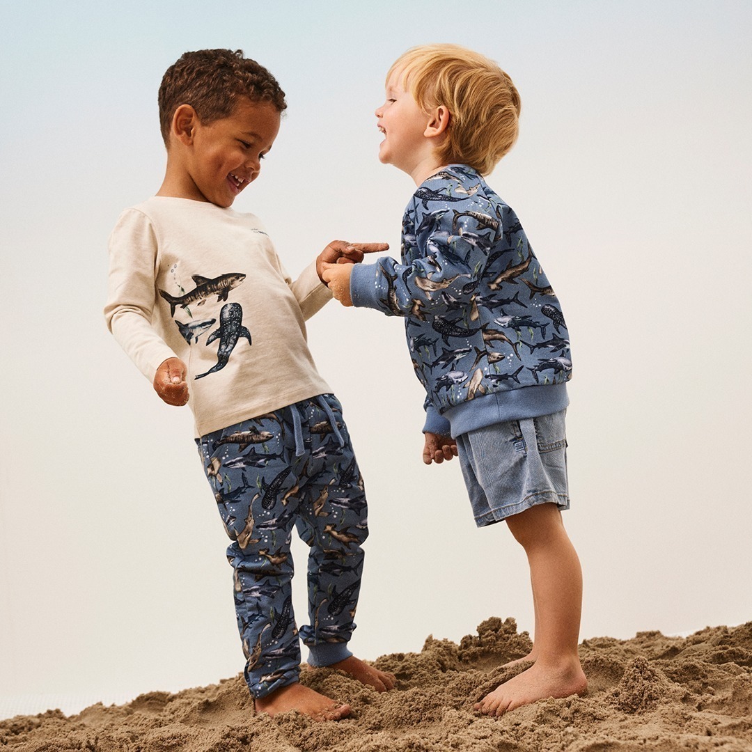 Zwei lachende Jungen spielen im Sand, jeder trägt Kleidung mit Haifischmotiven. Zwei lachende Jungen spielen im Sand, jeder trägt Kleidung mit Haifischmotiven.