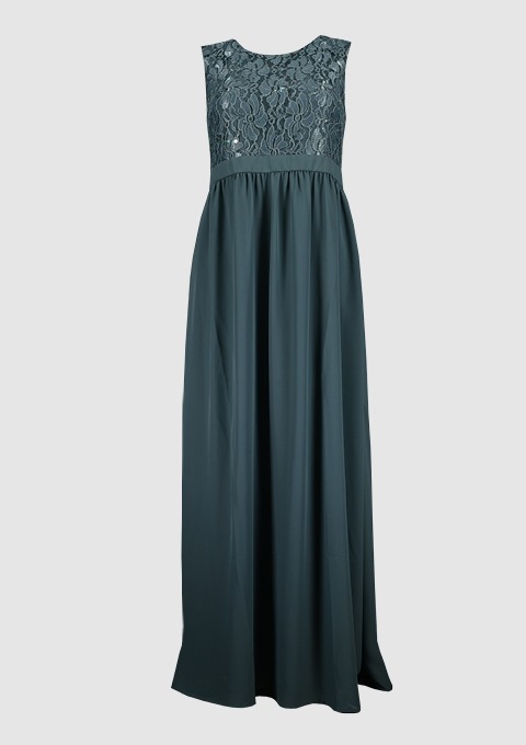 Ein langes, elegantes Kleid in dunkelgrün mit Spitze am Oberteil.