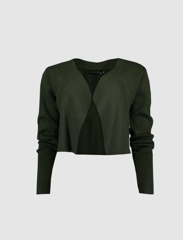 Dunkelgrüner, kurz geschnittener Pullover mit V-Ausschnitt.