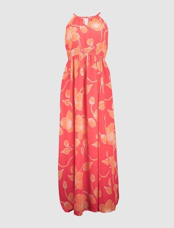 Ein langes Kleid in korallenrot mit orangefarbenen Blumenmustern.