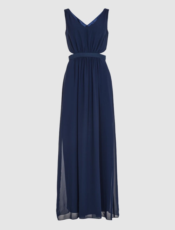 Ein langes, dunkelblaues Kleid mit V-Ausschnitt.
