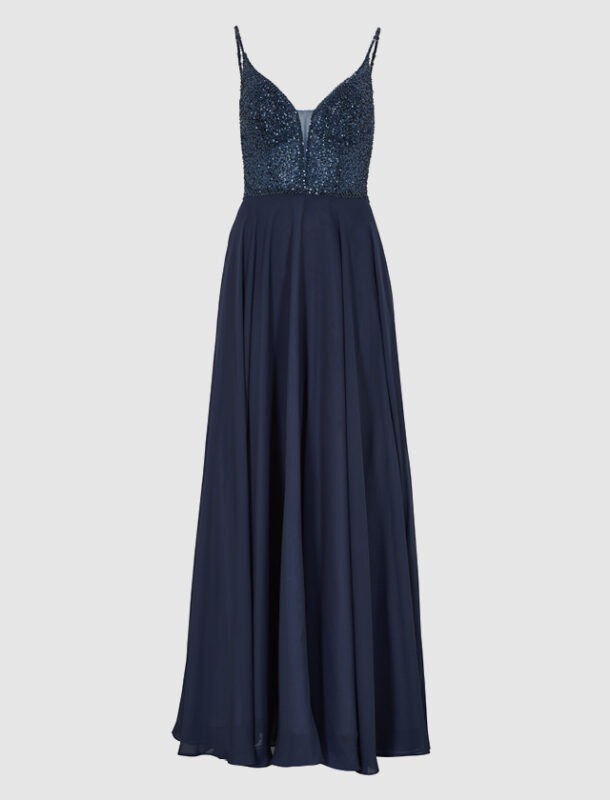 Ein langes, elegantes Abendkleid in Dunkelblau mit einem glitzernden Oberteil und Spaghettiträgern.