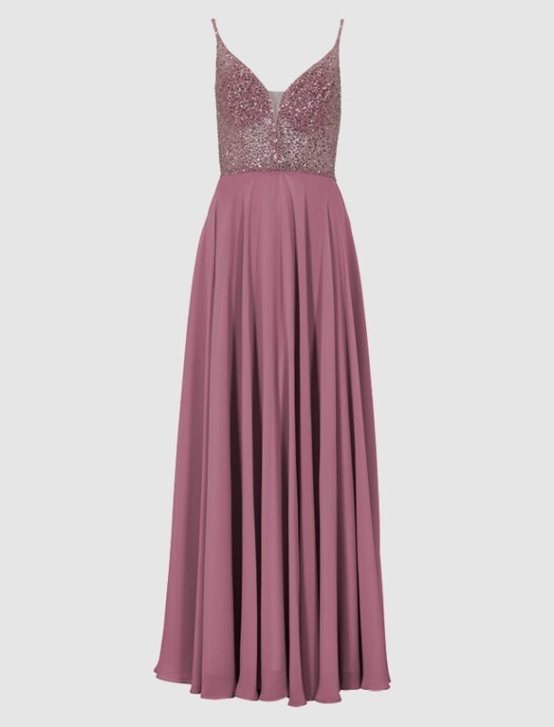 Ein langes, rosafarbenes Abendkleid mit glitzerndem Oberteil und Spaghetti-Trägern.