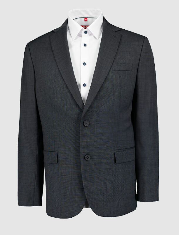 Ein dunkelgrau gestreifter Blazer mit einem weißen Hemd.