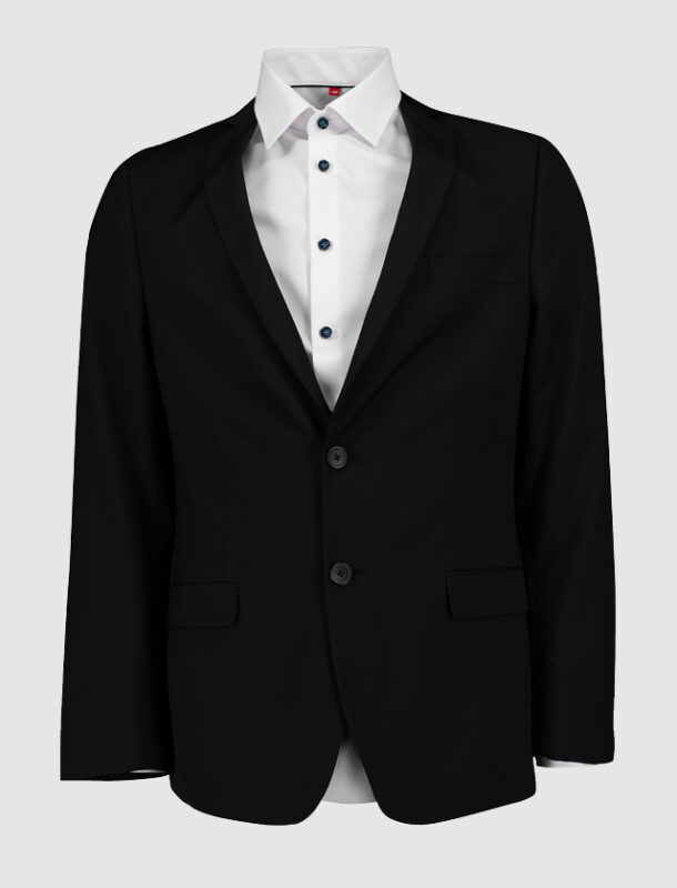 Ein schwarzer Blazer über einem weißen Hemd mit blauen Knöpfen.