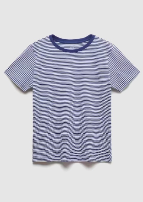 Gestreiftes T-Shirt in Blau- und Weißtönen.