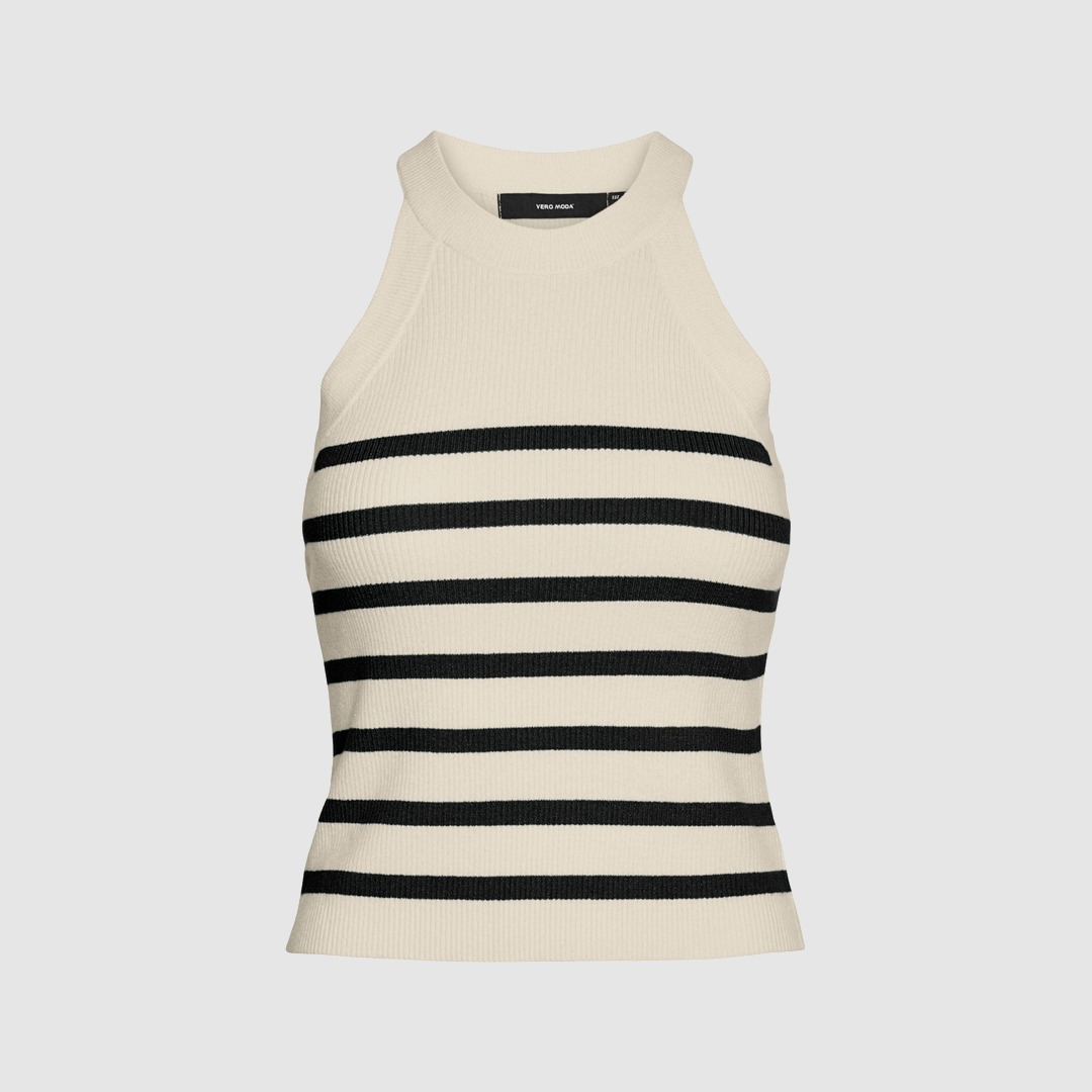Ein ärmelloses Oberteil in beige mit schwarzen Streifen. Ein ärmelloses Oberteil in beige mit schwarzen Streifen.