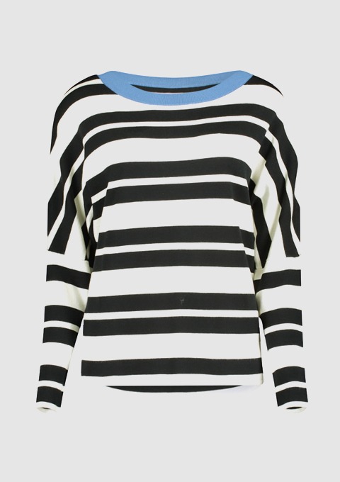Ein gestreiftes Oberteil in Schwarz und Weiß mit einem blauen Kragen. Ein gestreiftes Oberteil in Schwarz und Weiß mit einem blauen Kragen.