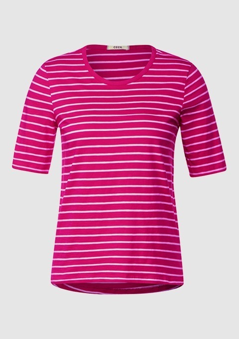 Pinker Streifen-T-Shirt mit kurzen Ärmeln. Pinker Streifen-T-Shirt mit kurzen Ärmeln.