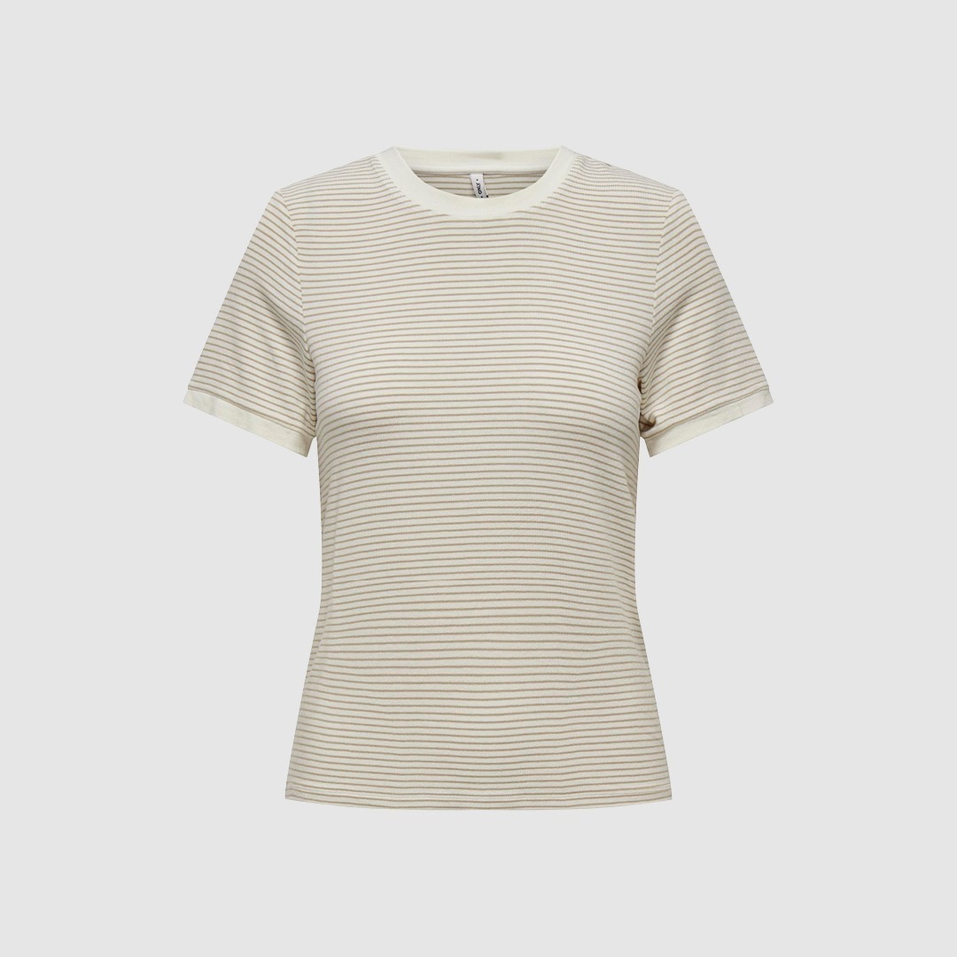 Ein gestreiftes T-Shirt in beige und einem hellen Farbton. Ein gestreiftes T-Shirt in beige und einem hellen Farbton.