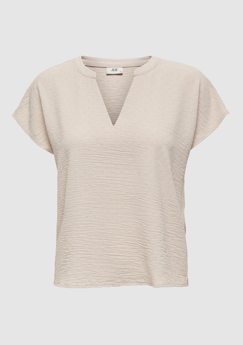 Beige Oberteil mit V-Ausschnitt und kurzen Ärmeln.