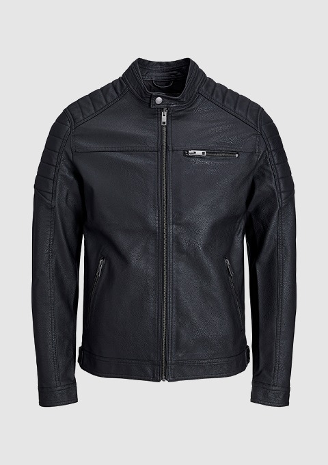 Schwarze Lederjacke mit Reißverschluss und Stehkragen.