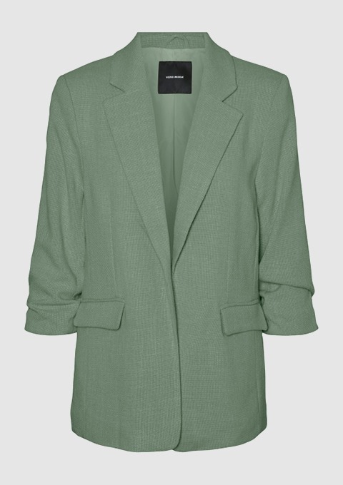 Eine grüne Blazerjacke mit offenem Schnitt und langen Ärmeln.
