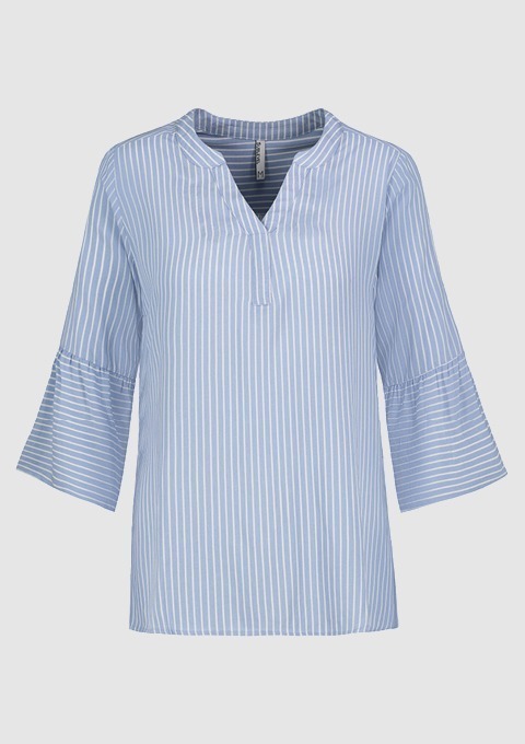 Bluse mit V-Ausschnitt und langen, ausgestellten Ärmeln in blauen Streifen.