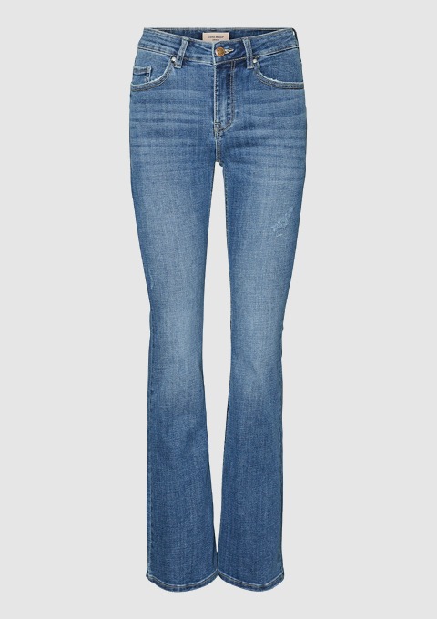 Dunkelblaue Jeans mit weitem Bein.