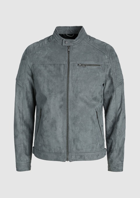 Grau gefärbte Jacke mit Stehkragen und Reißverschluss. Grau gefärbte Jacke mit Stehkragen und Reißverschluss.