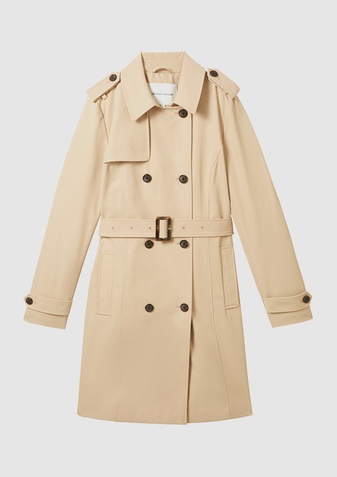 Beige Trenchcoat mit Gürtel und Knopfverschluss. Beige Trenchcoat mit Gürtel und Knopfverschluss.