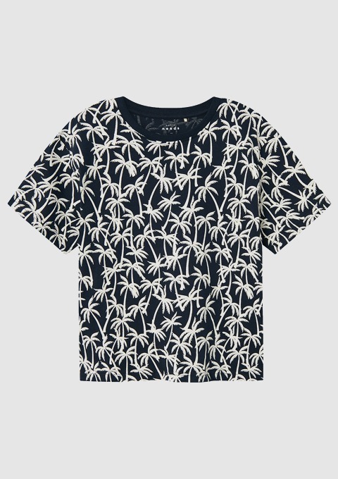 Ein schwarzes T-Shirt mit weißem Palmenmuster.