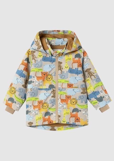 Ein bunten Kinderjacke mit verschiedenen Tiermotiven.