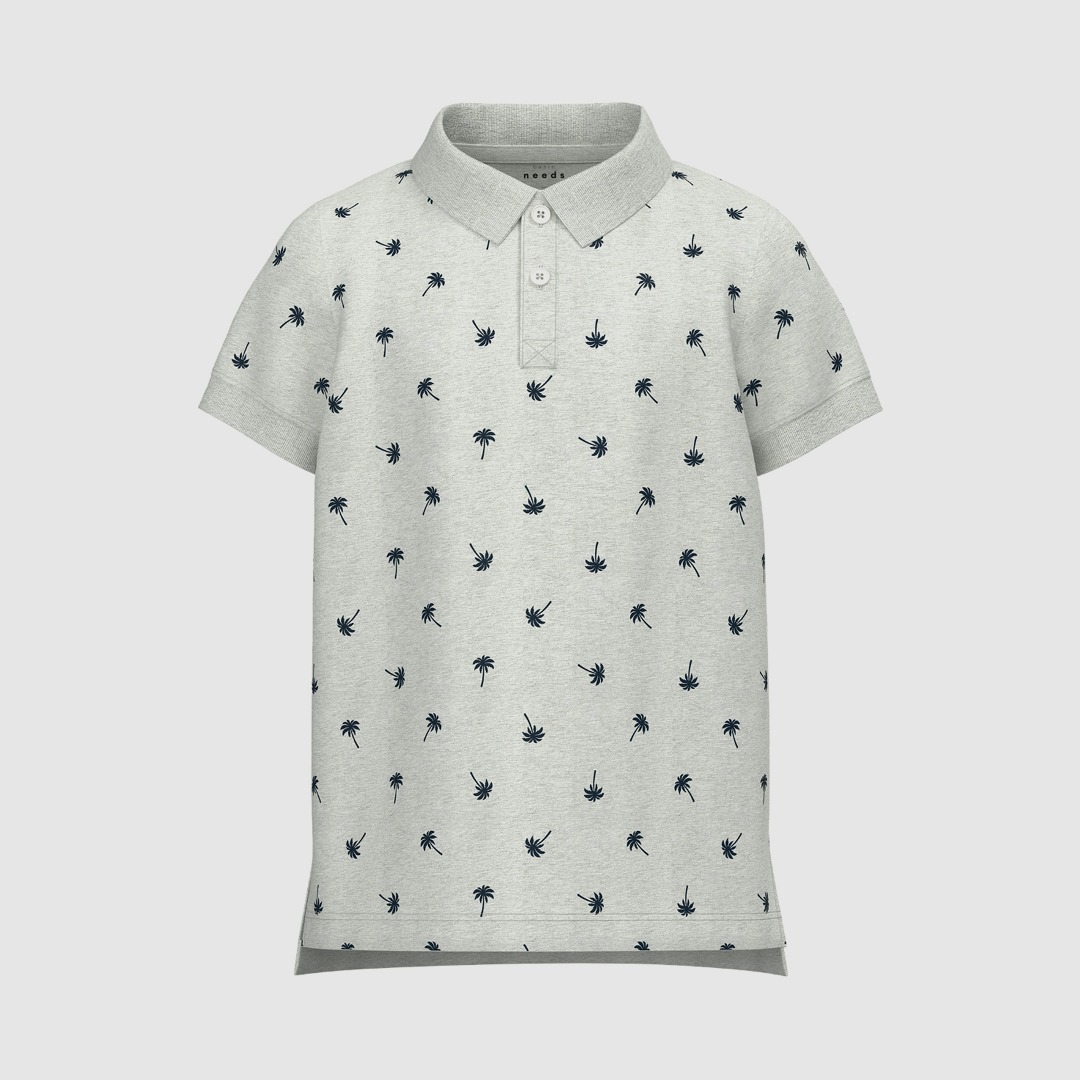 Ein graues Polo-Shirt mit kurzen Ärmeln und einem Palmenmuster in Dunkelblau.