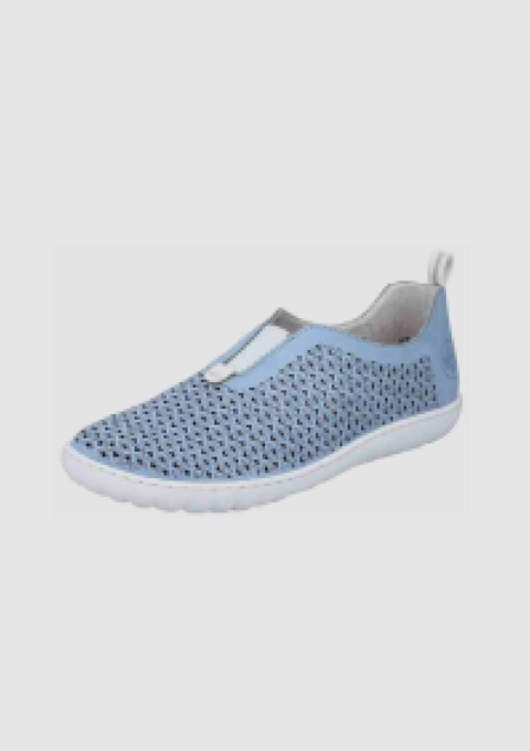 Ein blauer, luftiger Schuh mit Netzstruktur und elastischem Einstieg. Ein blauer, luftiger Schuh mit Netzstruktur und elastischem Einstieg.