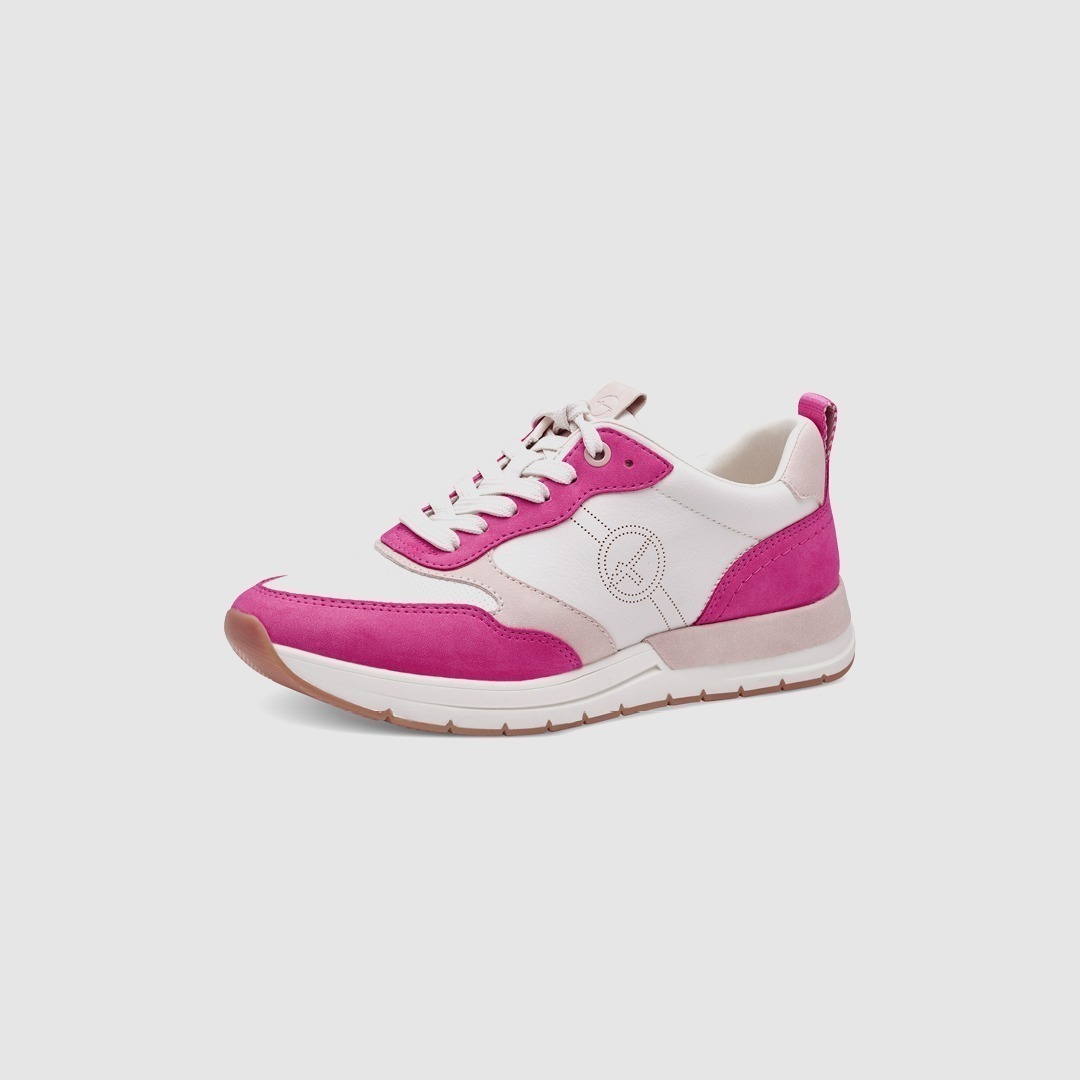 Rosa-weiße Sneaker mit hellen Schnüren und sportlichem Design. Rosa-weiße Sneaker mit hellen Schnüren und sportlichem Design.
