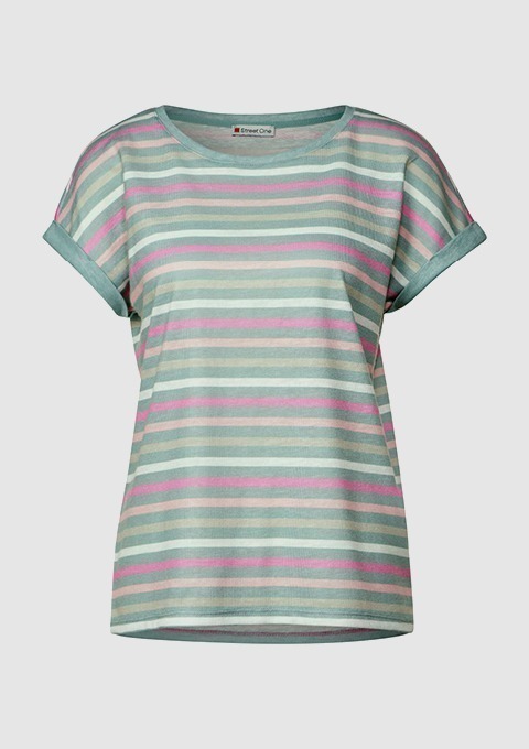 Gestreift T-Shirt in mintgrün, mit pinken und beigen Streifen. Gestreift T-Shirt in mintgrün, mit pinken und beigen Streifen.