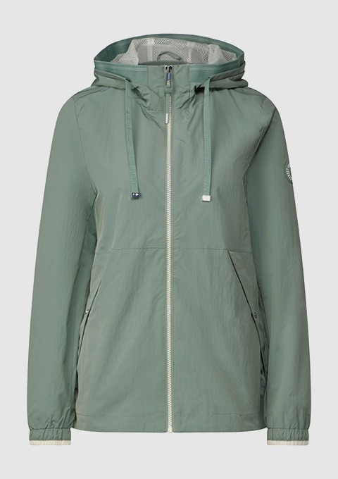 Eine grüne Kapuzenjacke mit Reißverschluss und Seitentaschen. Eine grüne Kapuzenjacke mit Reißverschluss und Seitentaschen.